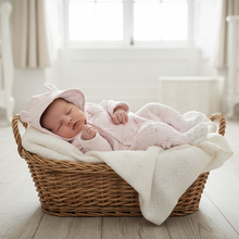 Load image into Gallery viewer, Baby girl in pink bear pramsuit - natural basket front view