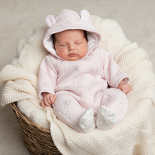 Load image into Gallery viewer, Baby girl in pink bear pramsuit - rustic basket front view