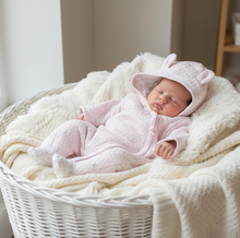 Load image into Gallery viewer, Baby girl in pink bear pramsuit - three-quarter basket view