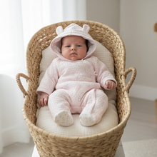 Load image into Gallery viewer, Baby girl in pink bear pramsuit - upright basket full view