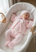 Load image into Gallery viewer, Baby girl in pink knitted set - Moses basket