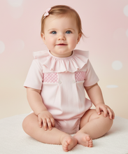 Load image into Gallery viewer, Baby girl in pink smocked romper - Sitting