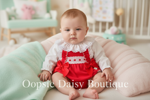 Load image into Gallery viewer, Baby girl in red romper with lace and bows