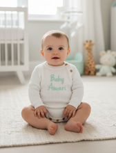 Load image into Gallery viewer, Baby girl in white personalized romper 1