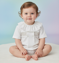 Load image into Gallery viewer, Baby girl in white smocked romper - Sitting