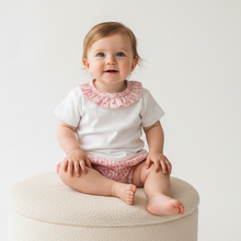 Load image into Gallery viewer, Baby girl in white top with pink floral ruffle collar and matching bloomers in professional studio