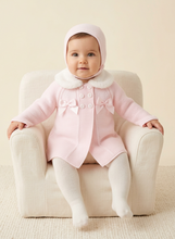 Load image into Gallery viewer, Baby girl modelling pink coat and bonnet in an ivory studio