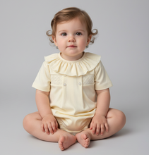 Load image into Gallery viewer, Baby girl sitting in lemon romper - Plain grey