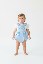 Load image into Gallery viewer, Baby girl standing in blue romper