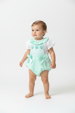 Load image into Gallery viewer, Baby girl standing in mint romper