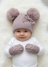 Load image into Gallery viewer, Baby girl wearing reference-matched mauve hat and mittens