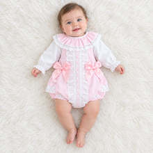 Load image into Gallery viewer, Baby girl wearing the outfit on a white fluffy rug