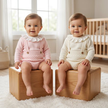 Load image into Gallery viewer, Baby girls sitting on gently angled wooden blocks