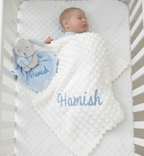 Load image into Gallery viewer, Baby in crib with blue bunny comforter