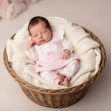 Load image into Gallery viewer, Baby in pink sheep outfit - rustic basket front view