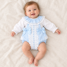 Load image into Gallery viewer, Baby model in paler blue outfit on linen