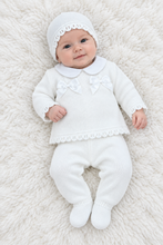 Load image into Gallery viewer, Baby model wearing the white knitted three-piece outfit
