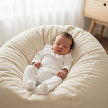 Load image into Gallery viewer, Baby on beanbag in white romper - Option 9