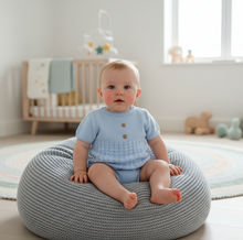 Load image into Gallery viewer, Baby on grey beanbag
