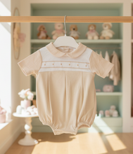 Load image into Gallery viewer, Beige Romper on Hanger in Baby Boutique 2