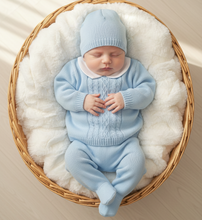 Load image into Gallery viewer, Blue knit baby boy in basket 1
