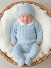 Load image into Gallery viewer, Blue knit baby boy in basket 4