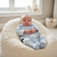 Load image into Gallery viewer, Blue outfit on cream beanbag