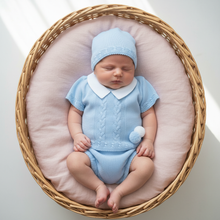 Load image into Gallery viewer, Blue pom pom knit overhead blush pink linen basket