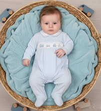 Load image into Gallery viewer, Blue romper round rattan basket