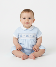 Load image into Gallery viewer, Blue romper sitting