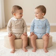 Load image into Gallery viewer, Both babies smiling at each other on wooden blocks
