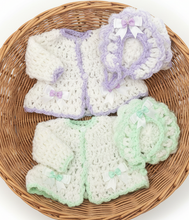 Load image into Gallery viewer, Both crochet sets in round wicker basket, white background