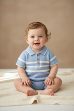 Load image into Gallery viewer, Boys Knitted Shorts Set – Blue, sitting