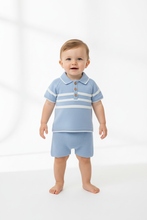 Load image into Gallery viewer, Boys Knitted Shorts Set – Blue, standing