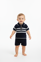 Load image into Gallery viewer, Boys Knitted Shorts Set – Navy Blue, standing