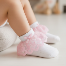 Load image into Gallery viewer, Close-up side profile toddler legs in pink bow socks