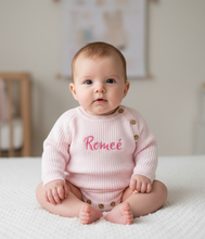 Load image into Gallery viewer, Curious baby in pink personalized romper