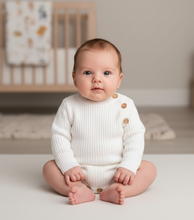 Load image into Gallery viewer, Curious baby in white romper