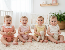 Load image into Gallery viewer, Four babies in bobble rompers - lifestyle