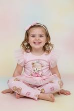 Load image into Gallery viewer, Girl model sitting in pink teddy bear outfit