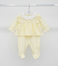 Load image into Gallery viewer, Lemon yellow babygrow on chrome hanger - clean display