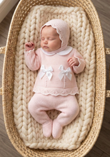 Load image into Gallery viewer, Lighter pink wider version with a single bonnet chin strap