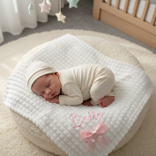 Load image into Gallery viewer, Looking down at sleeping baby on Belle blanket