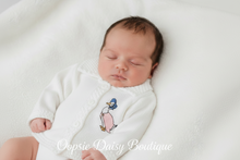 Load image into Gallery viewer, Newborn Baby in White Jemima Puddle-Duck Cardigan