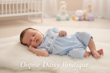 Load image into Gallery viewer, Newborn baby model wearing light blue romper