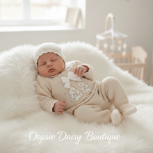 Load image into Gallery viewer, Newborn baby model wearing light brown outfit with hat