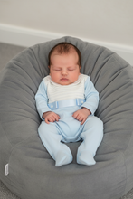 Load image into Gallery viewer, Newborn boy in grey beanbag