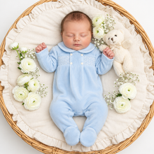 Load image into Gallery viewer, Newborn in blue velour smocked romper - variation 2