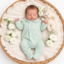Load image into Gallery viewer, Newborn in mint velour smocked romper - variation 2