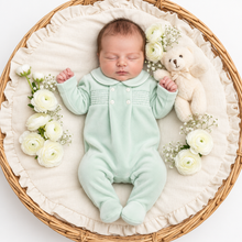 Load image into Gallery viewer, Newborn in mint velour smocked romper - variation 3